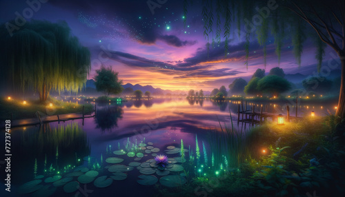 Tranquil twilight landscape with glowing elements and serene water reflection
