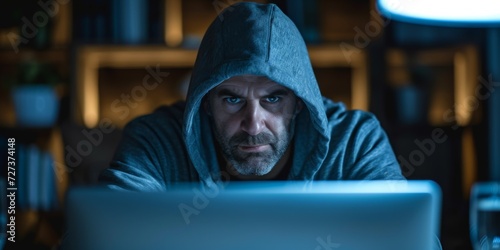 Man In Hoodie Secretly Accesses Computer In Dimly Lit Room Precyber Attack. Сoncept Cybersecurity Threat, Suspicious Activity, Dark Web Access, Hacking Attempt, Digital Intrusion