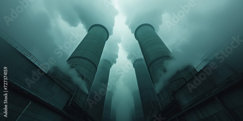 Enormous Reactor Pipes Discharge Dense Smoke, Escalating Atmospheric Emissions. Сoncept Climate Change, Industrial Pollution, Environmental Impact, Air Pollution, Carbon Footprint photo