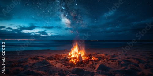 Nighttime Beach Bonfire Under A Starry Sky Creates A Warm Ambiance. Сoncept Astro-Photography, Star Trails, Milky Way, Night Sky Landscapes, Nighttime Portraits