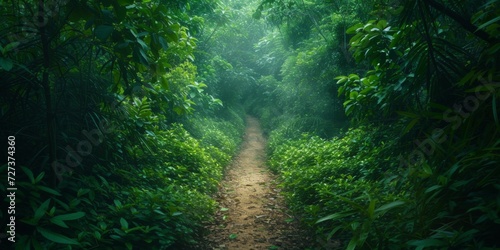 Overgrown Path Through Dense Jungle, Natures Green Curtain Concealing Rustic Trail. Сoncept Mystical Forest, Hidden Pathways, Enchanted Jungle, Secret Garden, Nature's Treasures