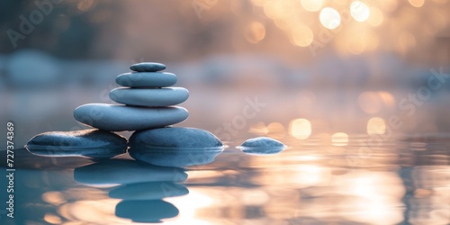 Creating Tranquil Atmosphere  The Serenity Of A Peaceful Pebble Stack In A Spa Setting.   oncept Nature-Inspired Meditation  Zen Garden Retreat  Calming Water Features  Relaxation Room Design