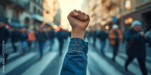 Symbolic Gesture Of Raised Fist During Street Protest Exemplifies Strong Passion And Solidarity. Сoncept Street Protests, Symbolic Gestures, Raised Fist, Strong Passion, Solidarity