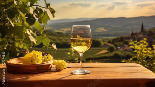 Glass of white wine on a barrel in the countrysid