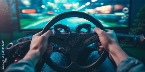 Person Using Steering Wheel Controller To Play Racing Video Game. Сoncept Virtual Racing, Steering Wheel Controller, Video Game Fun, Gaming Enthusiast photo