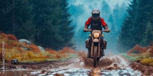 Rainsoaked Motocross Rider Navigates Muddy Mountain Road On Powerful Motorbike. Сoncept Extreme Motorsports, Muddy Adventure, Motocross Madness, Rainy Road Ride © Ян Заболотний