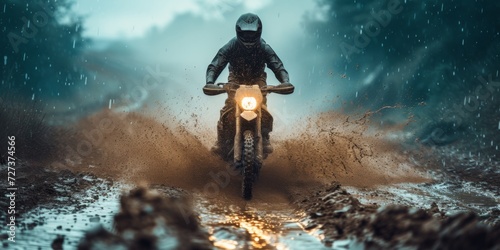 Mud-Splattered Motocross Rider Conquers Rainy Mountain Terrain On High-Powered Motorcycle. Сoncept Extreme Off-Roading, Thrilling Adventure, Rainy Mountain Terrain, Mud-Splattered Motocross
