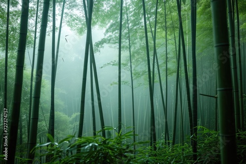 This photo showcases a dense forest with an abundance of towering bamboo trees  A dense bamboo forest shrouded in mist  AI Generated