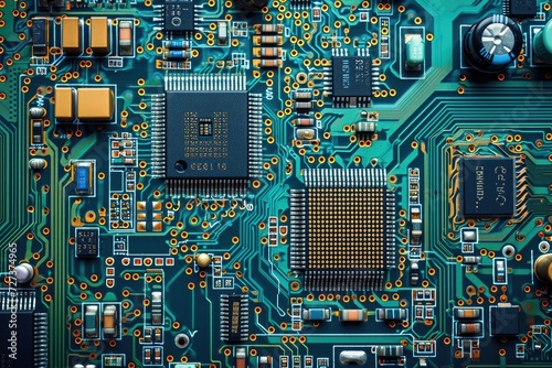 A detailed view of a computer board featuring numerous electronic components, A detailed view of computer circuit board, AI Generated