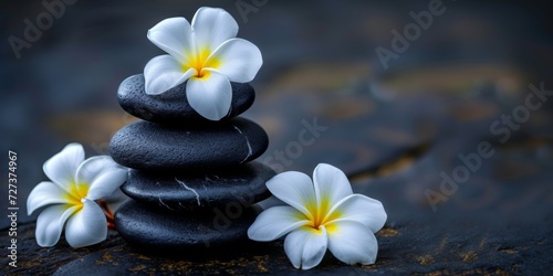Stacked Black Stones Beside White Plumeria Flowers In A Serene Composition
