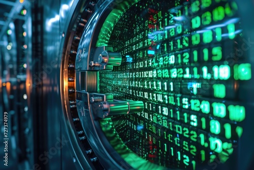 Close Up of a Computer Screen With Numbers, A digital bank vault with blocks inside each containing a unique code, symbolizing the security offered by blockchain technology, AI Generated