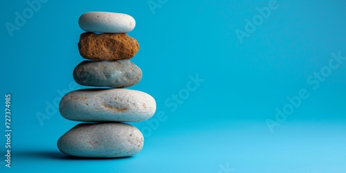 Stacked Rocks On Vibrant Blue Backdrop.   oncept Nature-Inspired Still Life Photography  Creative Use Of Everyday Objects  Capturing Texture And Balance  Vibrant Color Combinations