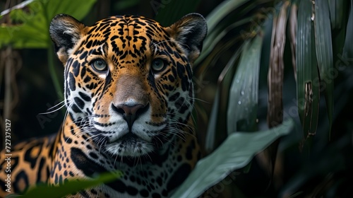 Close-Up of a Majestic Jaguar Amidst Lush Green Foliage in Natural Habitat