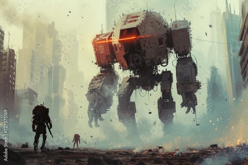 A man stands next to a towering giant robot in the busy city, observing its imposing presence, A dramatic showdown between two gargantuan mechs in a desolate, futuristic city, AI Generated photo