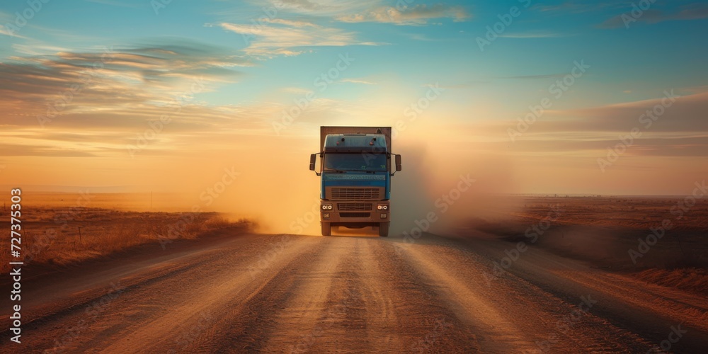 Navigating Challenges Of Rural Transportation, Logistics, And Delivery: A Truck Traversing A Dusty Road. Сoncept Sustainable Agriculture: Farming Techniques, Organic Practices, Permaculture
