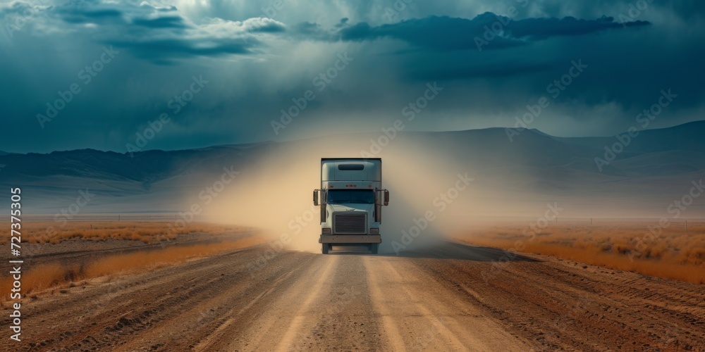 Truck Traversing Dusty Road, Symbolizing Rural Transportation, Logistics, And Delivery Challenges. Сoncept Seaside Sunset, Serene Landscapes, Nature's Beauty, Beach Adventures, Coastal Retreats