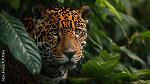Close-Up of a Majestic Jaguar Amidst Lush Green Foliage  Capturing the Intensity in Its Eyes and the Beautiful Pattern of Its Fur