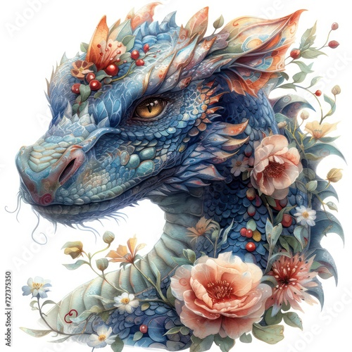 Whimsical dragon watercolor clipart on a white background adorned with flowers.