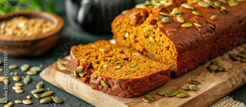 Homemade bakery offers freshly baked pumpkin bread with seeds.