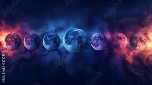 Slika na platnu A series of planetary bodies in various phases set against a cosmic nebula