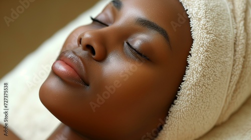 Woman with towel on head in serene spa relaxation pose.