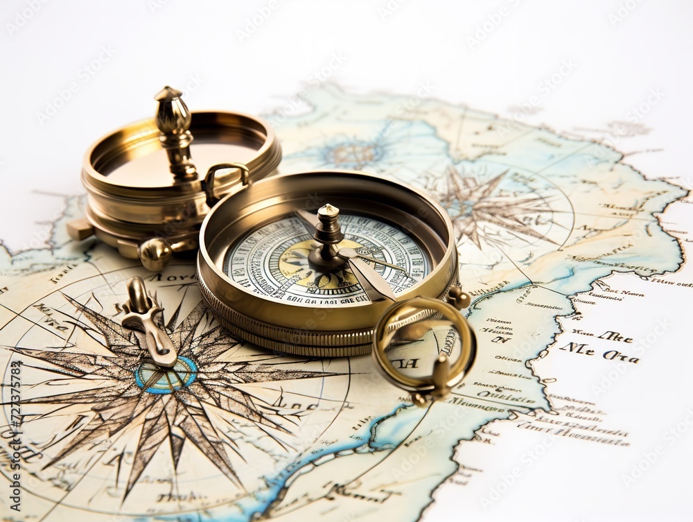 Compass and Map Navigation Exploration Isolated on White Background AI Generated