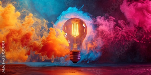 Vivid, Dynamic Explosion Of Color Surrounding A Brilliant Lightbulb, Evoking Inspiration. Сoncept Abstract Art, Creative Concepts, Color Explosions, Inspirational Lightbulbs, Vibrant Masterpieces