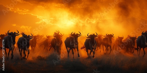 Wildebeest Stampede At Golden Hour, Creating A Whirlwind Of Dust, Serengeti Wildlife. Сoncept Dreamy Sunset Beach Engagement, Adventure Camping Trip, Fashionable Fall Shoot, Urban Street Style photo