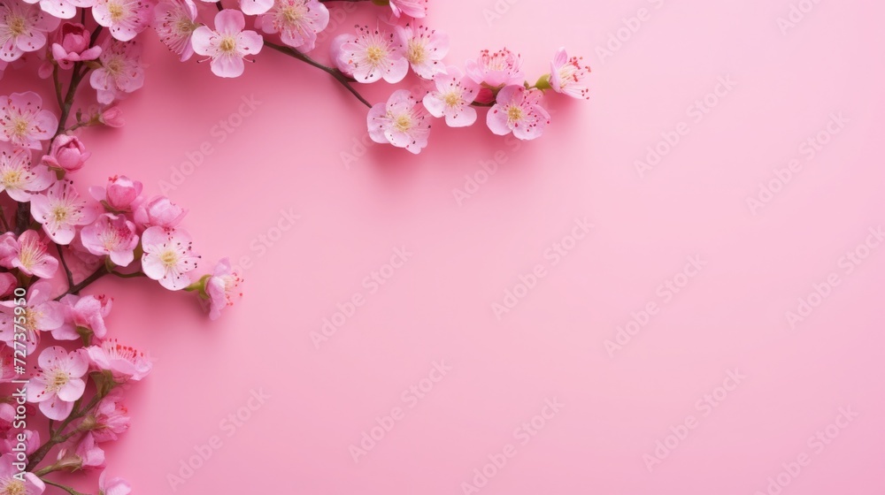 pink background or texture with spring flowers. frame, place for text. template, greeting card for Mother's Day, March 8