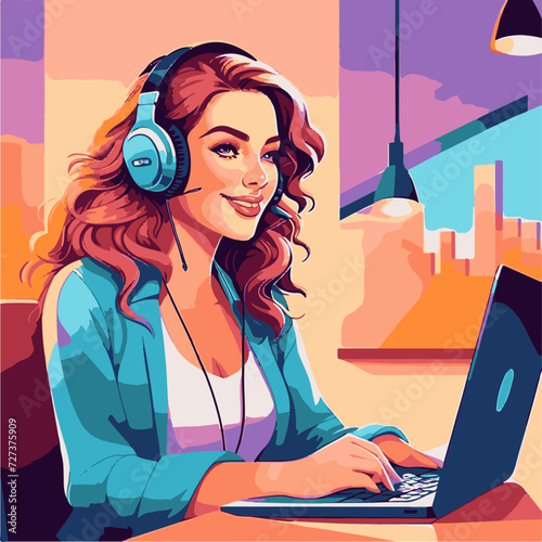 Vector illustration of beautiful girl with headphones working on laptop at home.