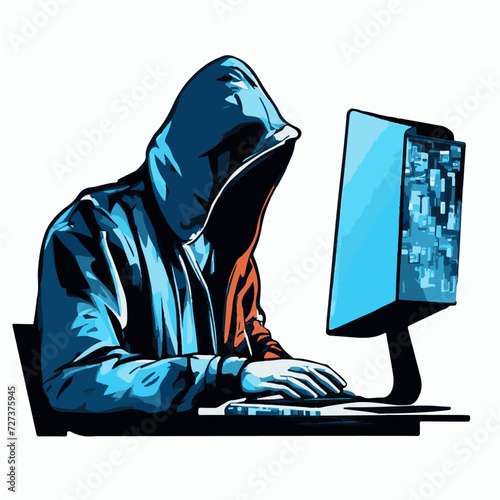 Hooded hacker stealing information from a computer. Vector illustration.