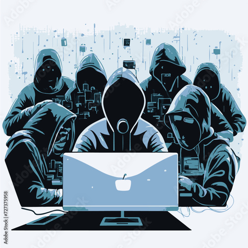 Group of hacker with laptop on abstract background, digital illustration, toned