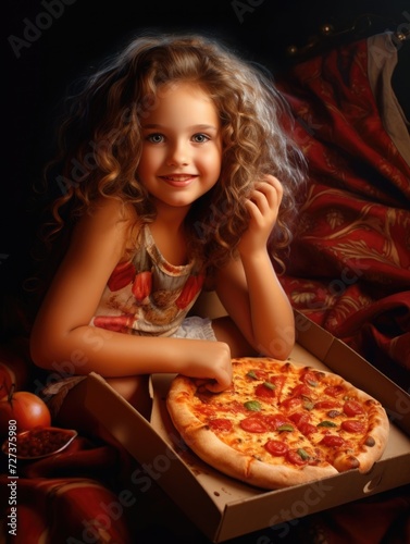 little girl  child eats pizza. happy kid and fast food. delicious Italian pastries. pizza day. baby smiles