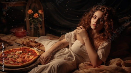 beautiful young woman eating pizza. happy girl and fast food. delicious Italian pastries. pizza day.