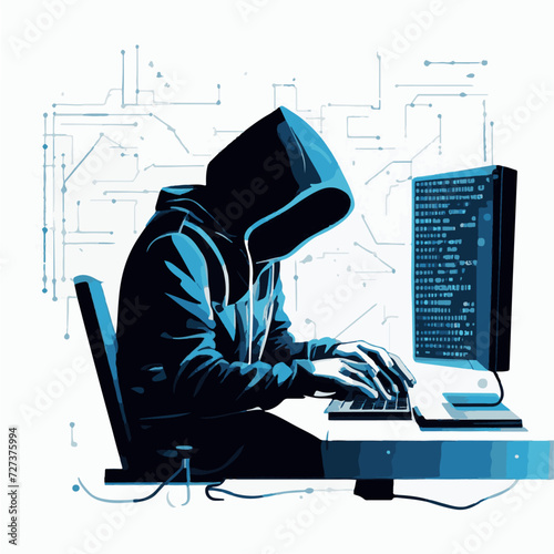 Hacker stealing information from computer monitor. Cyber attack concept. Vector illustration