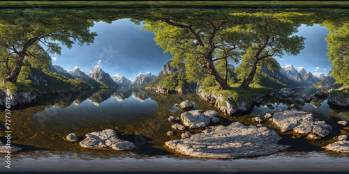 lake in the mountains Full 360 degrees seamless spherical panorama HDRI equirectangular projection of. Texture environment map for lighting and reflection 3d scenes. 3d background illustration. 