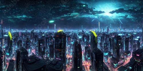 future night city cyberpunk Full 360 degrees seamless spherical panorama HDRI equirectangular projection of. Texture environment map for lighting and reflection 3d scenes. 3d background illustration. 
