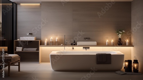 Use recessed lighting or pendant lights to create a soft and calming atmosphere in the minimalist bathroom spacear photo