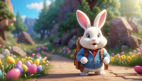 A sweet white Easter bunny goes on a journey