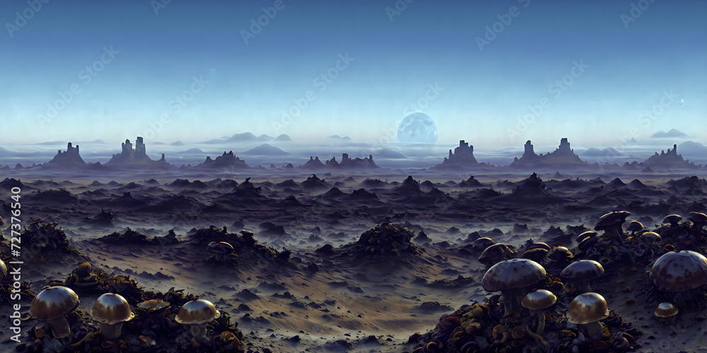 sunset in alien mountains Full 360 degrees seamless spherical panorama HDRI equirectangular projection of. Texture environment map for lighting and reflection 3d scenes. 3d background illustration.  - obrazy, fototapety, plakaty 