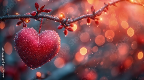 Red Heart Hanging From Tree Branch - Romantic bavkground and Valentines Day Symbol photo
