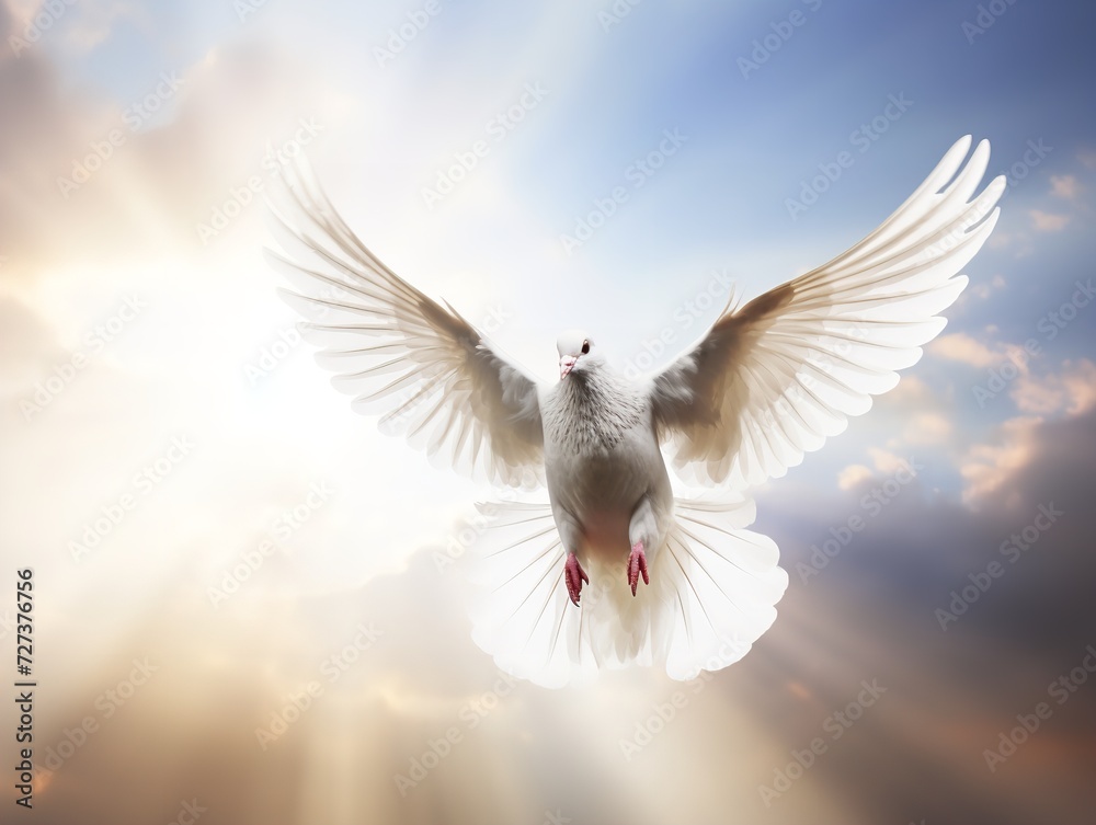 Obraz premium Dove in Flight Freedom and Hope Isolated on White Background AI Generated