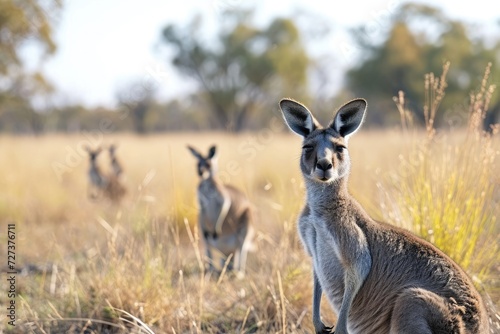 Several kangaroos are gathered in a field  standing upright and alert  A family of grazing kangaroos in the Australian outback  AI Generated