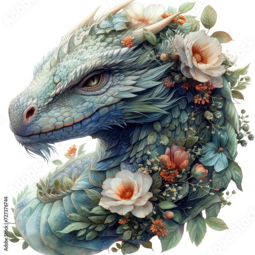 Whimsical dragon watercolor clipart on a white background adorned with flowers.