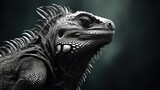 Realistic portrait of an iguana. Close-up of a large herbivorous lizard in monochrome style. Illustration for cover, card, postcard, interior design, banner, poster, brochure or presentation.