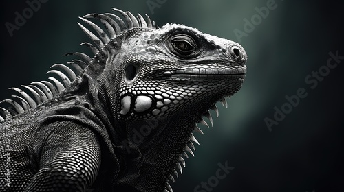 Realistic portrait of an iguana. Close-up of a large herbivorous lizard in monochrome style. Illustration for cover  card  postcard  interior design  banner  poster  brochure or presentation.