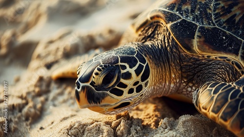 Close-up of a green turtle with patterned shell on a sandy beach at sunset