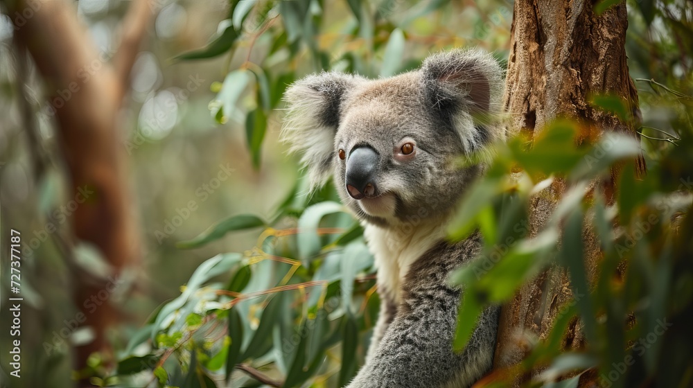 Fototapeta premium Close-up of a koala clinging to a tree surrounded by lush greenery in natural habitat