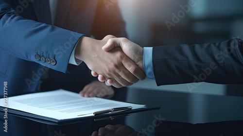 Confident handshake between people after a favorable business deal. The concept of successful negotiations, signing important documents (contract, certificate). Completion of a business transaction. photo
