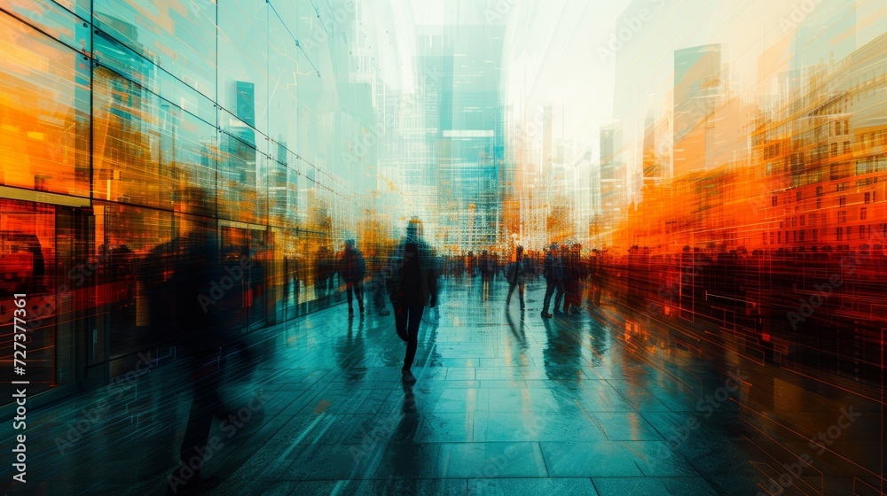 A captivating abstract of urban skylines and pedestrian pathways, showcasing modern city planning. - obrazy, fototapety, plakaty 